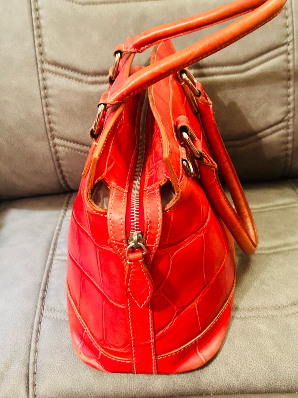 Dooney Red Croc-Embossed Leather Tote Bag - Picture 4 of 11